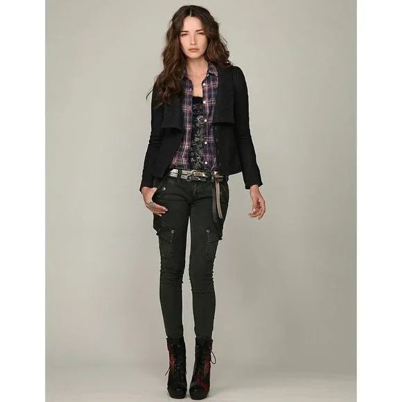 Vintage Free People Charcoal Gray Herringbone Tweed Blazer Jacket Puff Sleeves - Picture 2 of 7